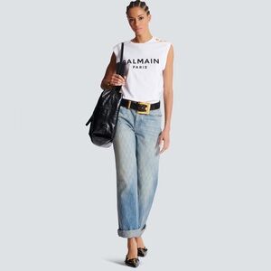 Balmain Paris tank top OLIVE GREEN with Gold Shoulder Buttons and front logo
